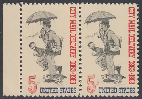 USA Michel 0851 / Scott 1238 postfrisch horiz.PAAR RAND links - 100 Jahre Postzustellung in den Städten; Postbote (19. Jh.) 