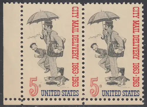 USA Michel 0851 / Scott 1238 postfrisch horiz.PAAR ECKRAND unten links - 100 Jahre Postzustellung in den Städten; Postbote (19. Jh.) 