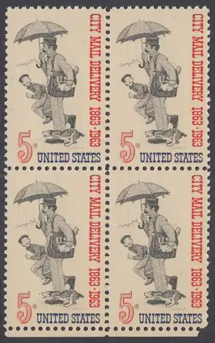 USA Michel 0851 / Scott 1238 postfrisch BLOCK RÄNDER unten - 100 Jahre Postzustellung in den Städten; Postbote (19. Jh.) 