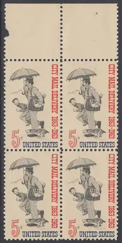 USA Michel 0851 / Scott 1238 postfrisch BLOCK RÄNDER oben - 100 Jahre Postzustellung in den Städten; Postbote (19. Jh.) 