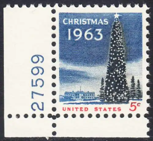 USA Michel 0853 / Scott 1240 postfrisch EINZELMARKE ECKRAND unten links m/Platten-# 27599 - Weihnachten: Weihnachtsbaum und Weißes Haus
