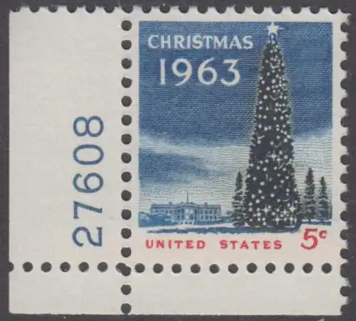 USA Michel 0853 / Scott 1240 postfrisch EINZELMARKE ECKRAND unten links m/Platten-# 27608 - Weihnachten: Weihnachtsbaum und Weißes Haus