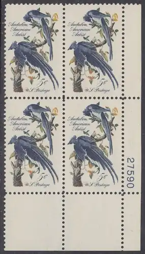 USA Michel 0854 / Scott 1241 postfrisch PLATEBLOCK ECKRAND unten rechts m/Platten-# 27590 (b) - John James Audubon; Zeichner und Ornithologe