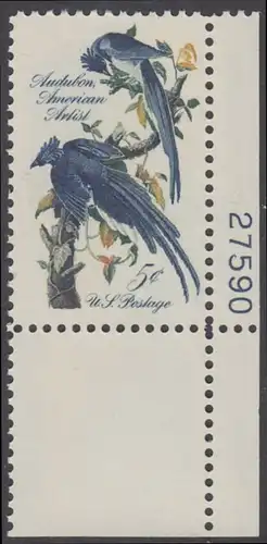 USA Michel 0854 / Scott 1241 postfrisch EINZELMARKE ECKRAND unten rechts m/Platten-# 27590 - John James Audubon; Zeichner und Ornithologe