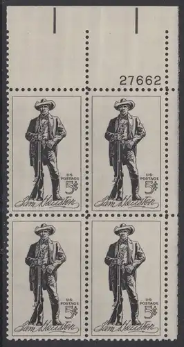 USA Michel 0855 / Scott 1242 postfrisch PLATEBLOCK ECKRAND oben rechts m/Platten-# 27662 - Sam Houston, Sieger von San Jacinto, Präsident von Texas, US-Senator