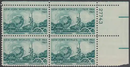 USA Michel 0857 / Scott 1244 postfrisch PLATEBLOCK ECKRAND oben rechts m/Platten-# 27743 - Weltausstellung 1964/1965, New York