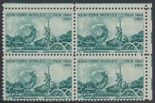 USA Michel 0857 / Scott 1244 postfrisch BLOCK ECKRAND oben rechts - Weltausstellung 1964/1965, New York