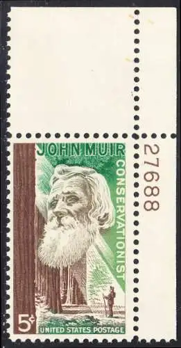 USA Michel 0858 / Scott 1245 postfrisch EINZELMARKE ECKRAND oben rechts m/Platten-# 27688 - John Muir, Naturwissenschaftler; Mammutbäume
