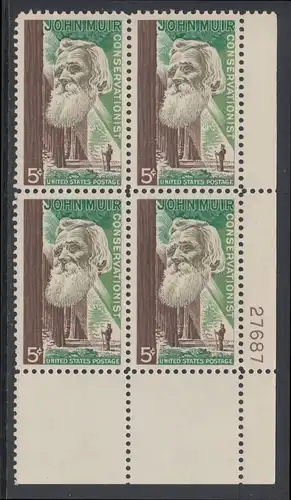 USA Michel 0858 / Scott 1245 postfrisch PLATEBLOCK ECKRAND unten rechts m/ Platten-# 27687 - John Muir, Naturwissenschaftler; Mammutbäume