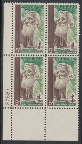 USA Michel 0858 / Scott 1245 postfrisch PLATEBLOCK ECKRAND unten links m/Platten-# 27687 - John Muir, Naturwissenschaftler; Mammutbäume