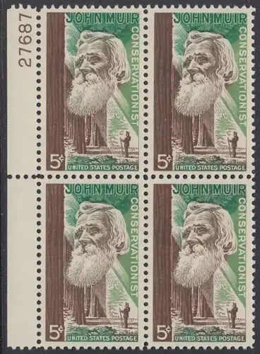 USA Michel 0858 / Scott 1245 postfrisch BLOCK RÄNDER links m/Platten-# 27687 - John Muir, Naturwissenschaftler; Mammutbäume