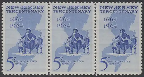 USA Michel 0861 / Scott 1247 postfrisch horiz.STRIP(3) - 300 Jahre New Jersey; Landkarte, Philip Carteret landet am Strand von New Jersey 