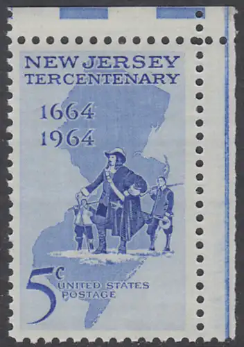 USA Michel 0861 / Scott 1247 postfrisch EINZELMARKE ECKRAND oben rechts - 300 Jahre New Jersey; Landkarte, Philip Carteret landet am Strand von New Jersey 