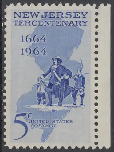 USA Michel 0861 / Scott 1247 postfrisch EINZELMARKE RAND rechts - 300 Jahre New Jersey; Landkarte, Philip Carteret landet am Strand von New Jersey 