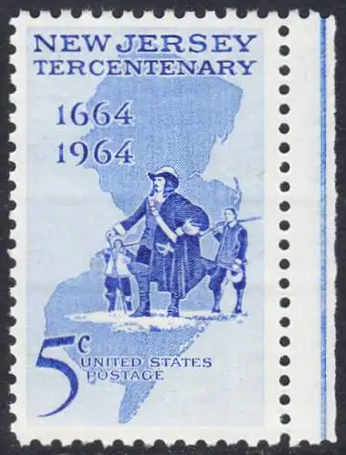 USA Michel 0861 / Scott 1247 postfrisch EINZELMARKE RAND rechts (a1) - 300 Jahre New Jersey; Landkarte, Philip Carteret landet am Strand von New Jersey 