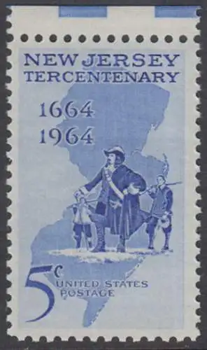 USA Michel 0861 / Scott 1247 postfrisch EINZELMARKE RAND oben (a1)  - 300 Jahre New Jersey; Landkarte, Philip Carteret landet am Strand von New Jersey 