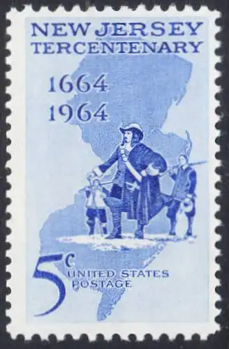 USA Michel 0861 / Scott 1247 postfrisch EINZELMARKE (a1) - 300 Jahre New Jersey; Landkarte, Philip Carteret landet am Strand von New Jersey 