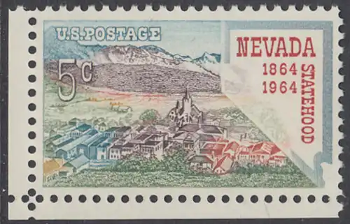 USA Michel 0862 / Scott 1248 postfrisch EINZELMARKE ECKRAND unten links - 100 Jahre Staat Nevada; Virginia City, Landkarte von Nevada