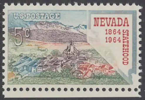 USA Michel 0862 / Scott 1248 postfrisch EINZELMARKE RAND unten (a1) - 100 Jahre Staat Nevada; Virginia City, Landkarte von Nevada