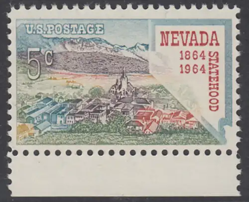 USA Michel 0862 / Scott 1248 postfrisch EINZELMARKE RAND unten (a2) - 100 Jahre Staat Nevada; Virginia City, Landkarte von Nevada