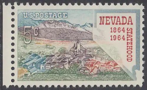 USA Michel 0862 / Scott 1248 postfrisch EINZELMARKE RAND links - 100 Jahre Staat Nevada; Virginia City, Landkarte von Nevada