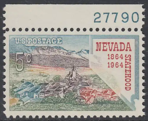 USA Michel 0862 / Scott 1248 postfrisch EINZELMARKE RAND oben m/Platten-# 27790 - 100 Jahre Staat Nevada; Virginia City, Landkarte von Nevada