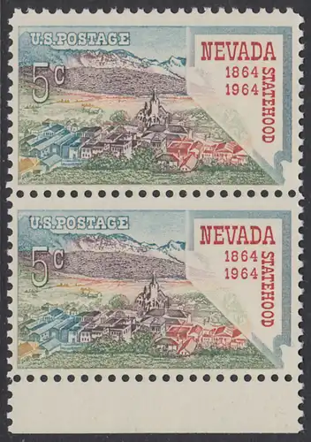 USA Michel 0862 / Scott 1248 postfrisch vert.PAAR RAND unten - 100 Jahre Staat Nevada; Virginia City, Landkarte von Nevada