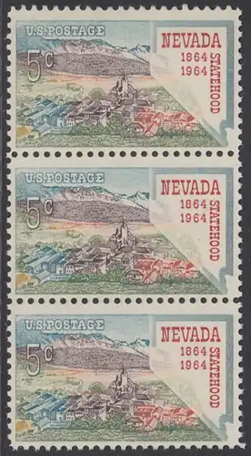 USA Michel 0862 / Scott 1248 postfrisch vert.STRIP(3) - 100 Jahre Staat Nevada; Virginia City, Landkarte von Nevada