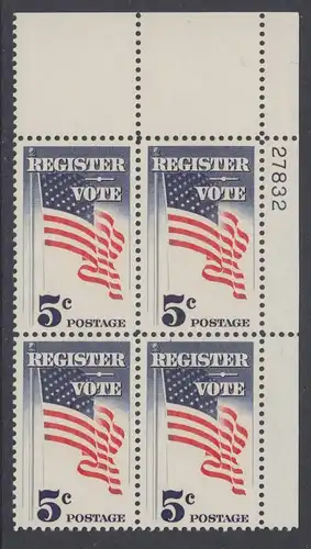 USA Michel 0863 / Scott 1249 postfrisch PLATEBLOCK ECKRAND oben rechts m/Platten-# 27832 - Aufforderung zur Wahlbeteiligung; Flagge der USA