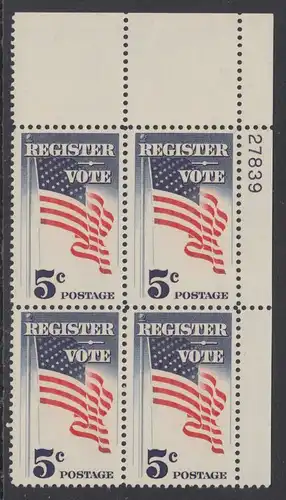 USA Michel 0863 / Scott 1249 postfrisch PLATEBLOCK ECKRAND oben rechts m/Platten-# 27839 - Aufforderung zur Wahlbeteiligung; Flagge der USA