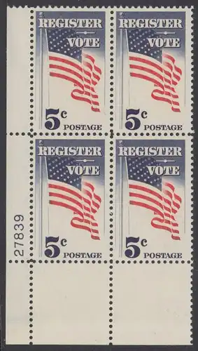 USA Michel 0863 / Scott 1249 postfrisch PLATEBLOCK ECKRAND unten links m/Platten-# 27839 - Aufforderung zur Wahlbeteiligung; Flagge der USA