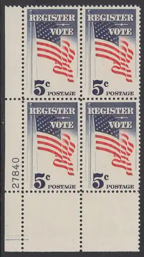 USA Michel 0863 / Scott 1249 postfrisch PLATEBLOCK ECKRAND unten links m/Platten-# 27840 - Aufforderung zur Wahlbeteiligung; Flagge der USA