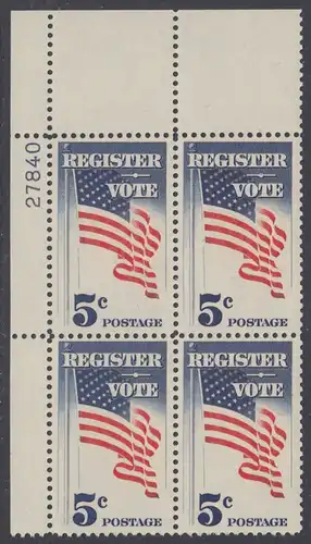 USA Michel 0863 / Scott 1249 postfrisch PLATEBLOCK ECKRAND oben links m/Platten-# 27840 - Aufforderung zur Wahlbeteiligung; Flagge der USA