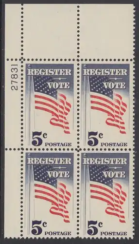 USA Michel 0863 / Scott 1249 postfrisch PLATEBLOCK ECKRAND oben links m/Platten-# 27831 - Aufforderung zur Wahlbeteiligung; Flagge der USA
