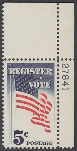 USA Michel 0863 / Scott 1249 postfrisch EINZELMARKE ECKRAND oben rechts m/Platten-# 27841 - Aufforderung zur Wahlbeteiligung; Flagge der USA
