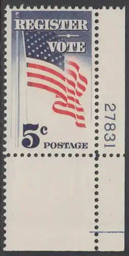 USA Michel 0863 / Scott 1249 postfrisch EINZELMARKE ECKRAND unten rechts m/Platten-# 27831 - Aufforderung zur Wahlbeteiligung; Flagge der USA