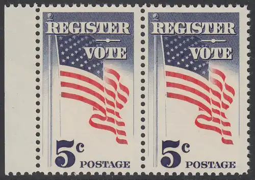 USA Michel 0863 / Scott 1249 postfrisch horiz.PAAR RAND links - Aufforderung zur Wahlbeteiligung; Flagge der USA