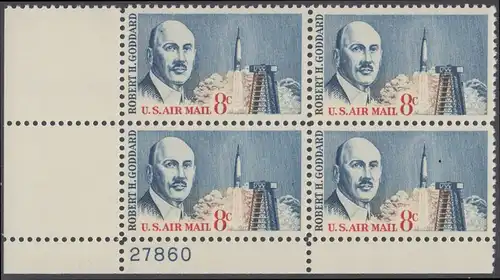 USA Michel 0866 / Scott C069 postfrisch LuPo-PLATEBLOCK ECKRAND unten links m/Platten-# 27860 - Robert H. Goddard, Raketenforscher; Atlasrakete und Abschussrampe, Cape Canaveral 