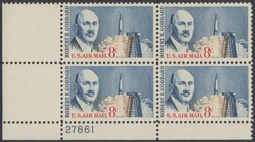 USA Michel 0866 / Scott C069 postfrisch LuPo-PLATEBLOCK ECKRAND unten links m/Platten-# 27861 - Robert H. Goddard, Raketenforscher; Atlasrakete und Abschussrampe, Cape Canaveral 