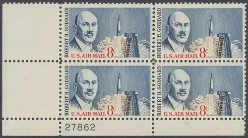 USA Michel 0866 / Scott C069 postfrisch LuPo-PLATEBLOCK ECKRAND unten links m/Platten-# 27862 (c) - Robert H. Goddard, Raketenforscher; Atlasrakete und Abschussrampe, Cape Canaveral 