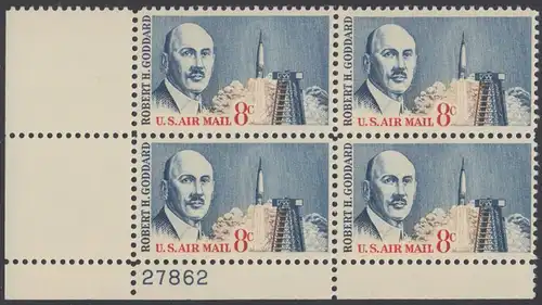 USA Michel 0866 / Scott C069 postfrisch LuPo-PLATEBLOCK ECKRAND unten links m/Platten-# 27862 (d) - Robert H. Goddard, Raketenforscher; Atlasrakete und Abschussrampe, Cape Canaveral 