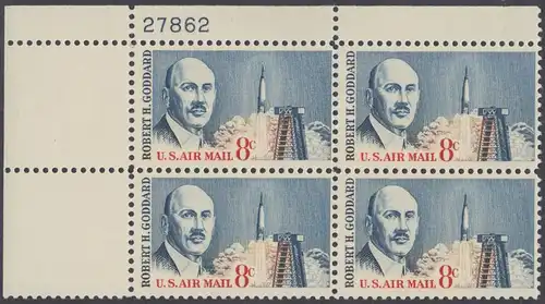 USA Michel 0866 / Scott C069 postfrisch LuPo-PLATEBLOCK ECKRAND oben links m/Platten-# 27862 - Robert H. Goddard, Raketenforscher; Atlasrakete und Abschussrampe, Cape Canaveral 
