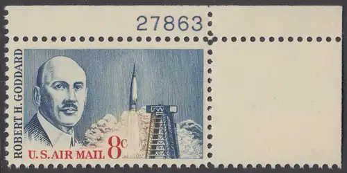 USA Michel 0866 / Scott C069 postfrisch LuPo-EINZELMARKE ECKRAND oben rechts m/Platten-# 27863 - Robert H. Goddard, Raketenforscher; Atlasrakete und Abschussrampe, Cape Canaveral 