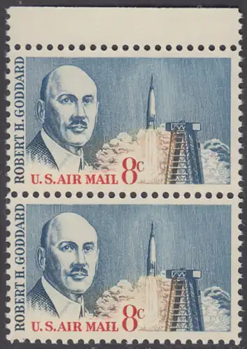 USA Michel 0866 / Scott C069 postfrisch LuPo-vert.PAAR RAND oben - Robert H. Goddard, Raketenforscher; Atlasrakete und Abschussrampe, Cape Canaveral 