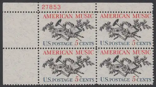 USA Michel 0867 / Scott 1252 postfrisch PLATEBLOCK ECKRAND oben links m/ Platten-# 27854 - Amerikanische Musik; 50 Jahre Amerikanische Vereinigung der Komponisten, Textdichter und Verleger (ASCAP) 