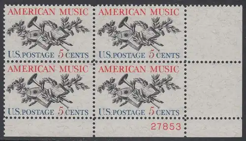 USA Michel 0867 / Scott 1252 mit Falzrest PLATEBLOCK ECKRAND unten rechts m/ Platten-# 27853 - Amerikanische Musik; 50 Jahre Amerikanische Vereinigung der Komponisten, Textdichter und Verleger (ASCAP) 