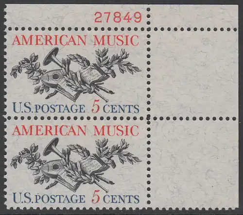 USA Michel 0867 / Scott 1252 mit Falzrest vert.PAAR ECKRAND oben rechts m/ Platten-# 27849 - Amerikanische Musik; 50 Jahre Amerikanische Vereinigung der Komponisten, Textdichter und Verleger (ASCAP) 