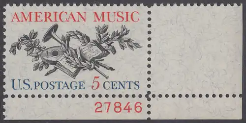 USA Michel 0867 / Scott 1252 postfrisch EINZELMARKE ECKRAND unten rechts m/ Platten-# 27846 - Amerikanische Musik; 50 Jahre Amerikanische Vereinigung der Komponisten, Textdichter und Verleger (ASCAP) 