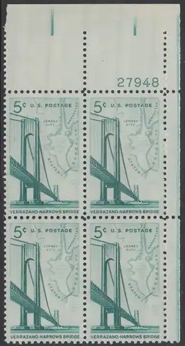 USA Michel 0873 / Scott 1258 postfrisch PLATEBLOCK ECKRAND oben rechts m/ Platten-# 27948 - Fertigstellung der Verrazano-Narrows-Brücke: Verbindung zwischen Brooklyn und Staten Island; Landkarte der New York Bay