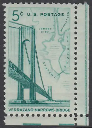 USA Michel 0873 / Scott 1258 postfrisch EINZELMARKE ECKRAND unten rechts - Fertigstellung der Verrazano-Narrows-Brücke: Verbindung zwischen Brooklyn und Staten Island; Landkarte der New York Bay